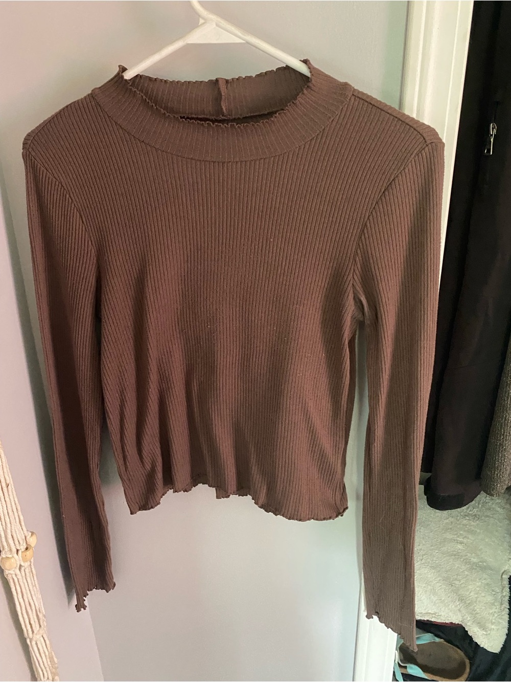 American Eagle Outfitters Ribbed Mock Neck Long Sleeve Top - Brown